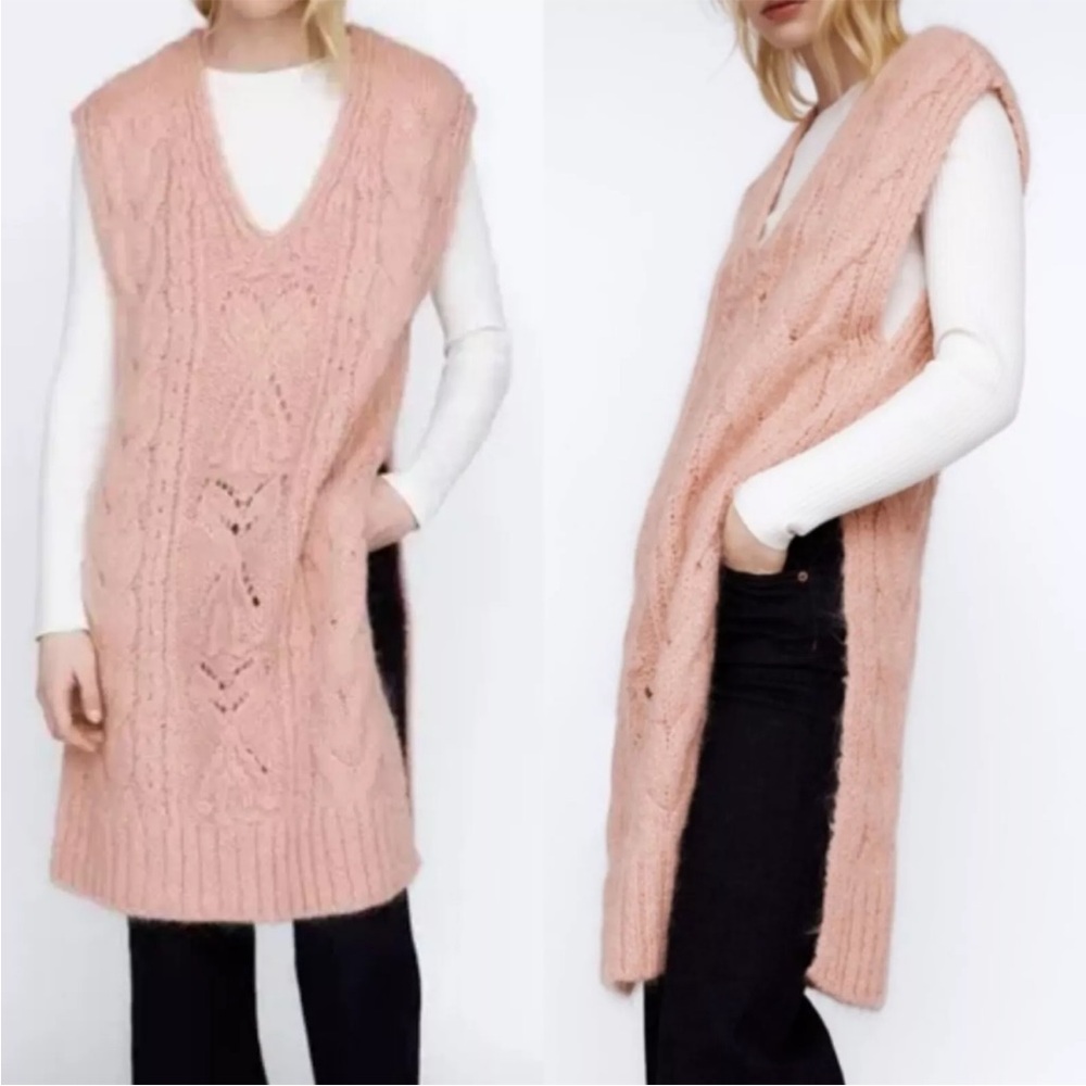 Zara Blush Pink Cable Knit V-Neck Sleeveless Sweater Dress